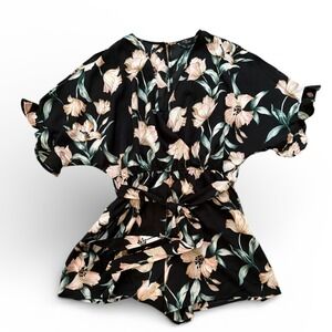 Milk and Honey Ruffle Sleeve Romper Black Flowers Size Large